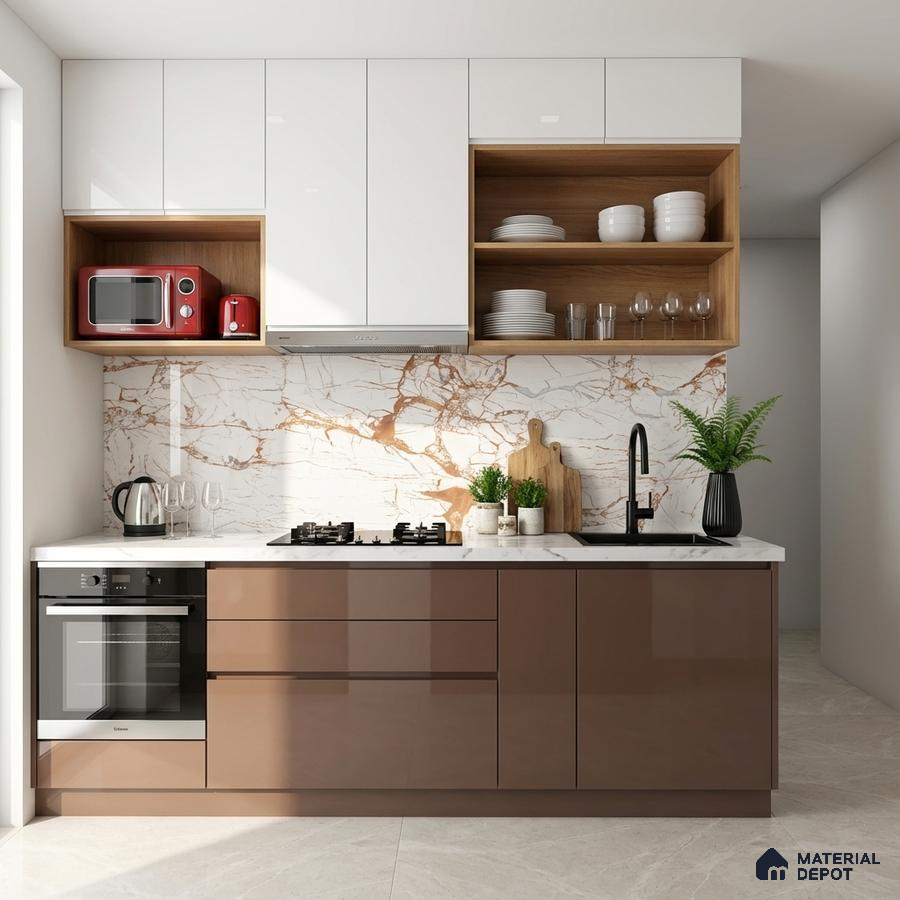 Modern kitchen with glossy brown laminate, white marble backsplash tile, and white upper cabinets